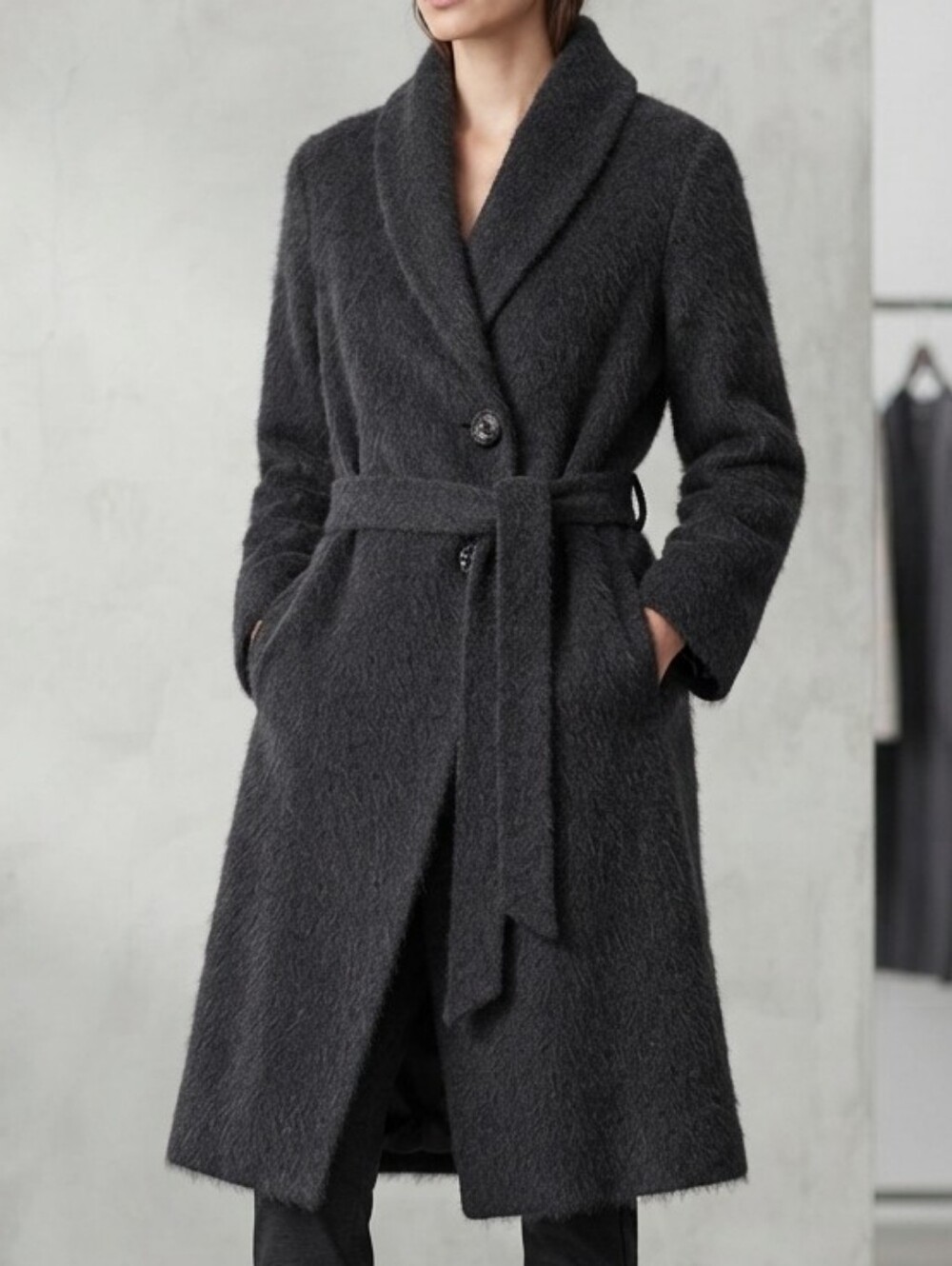 Eileen Fisher Dark Gray Baby Alpaca Wool Blend Belted Wrap Coat Size M